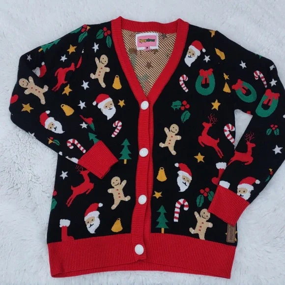 Tipsy Elves Black Cardigan with Red Trim and Festive Motifs - Picture 17 of 17